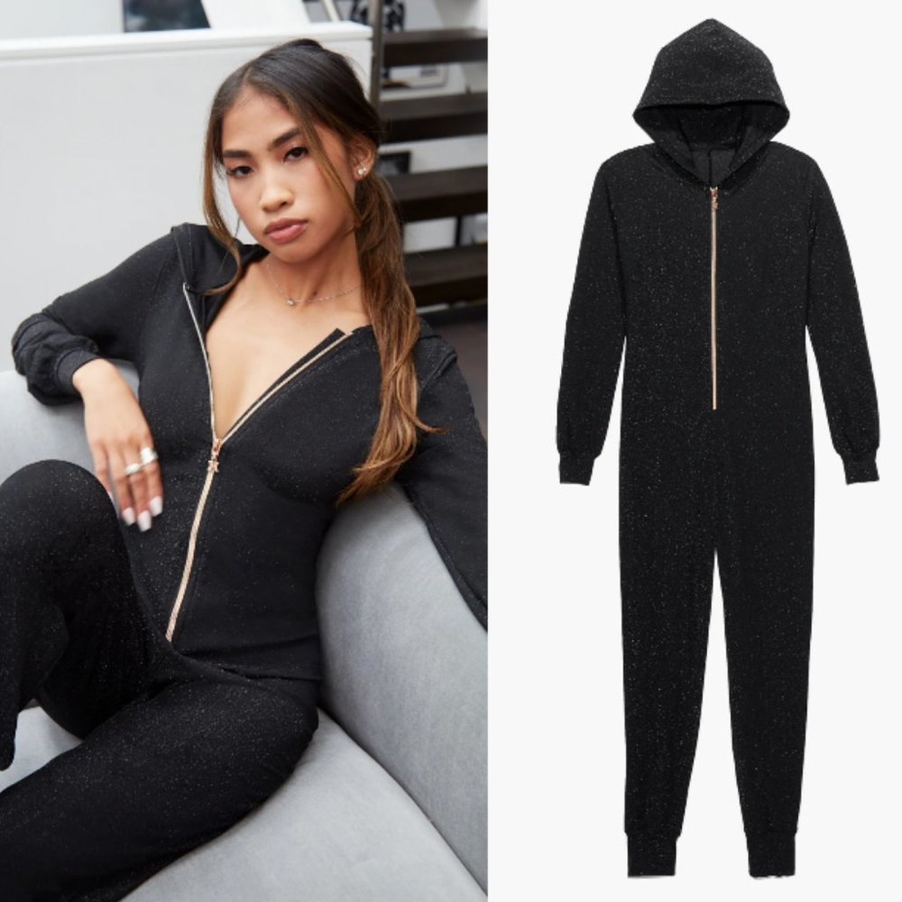 Savage x Fenty | Black & Metallic Sleep & Shine Hooded Jogger Jumpsuit